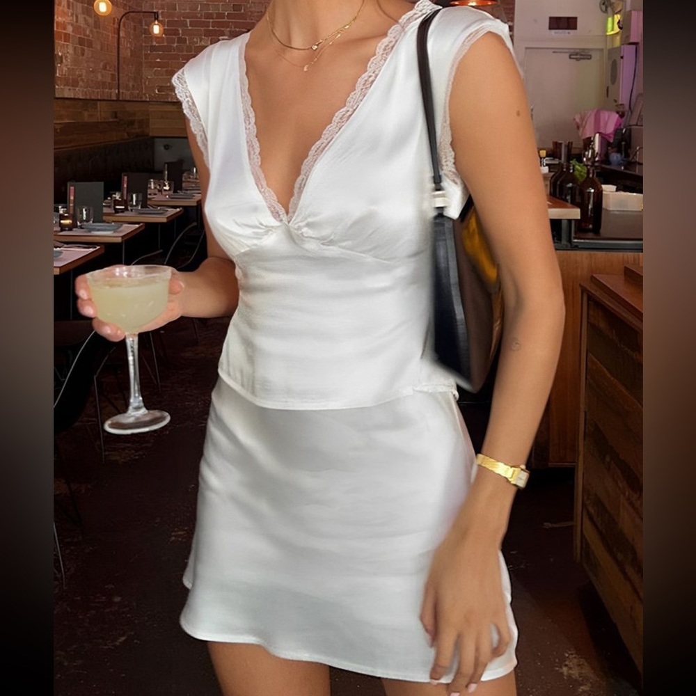 Lace Trim Satin Skirt Set